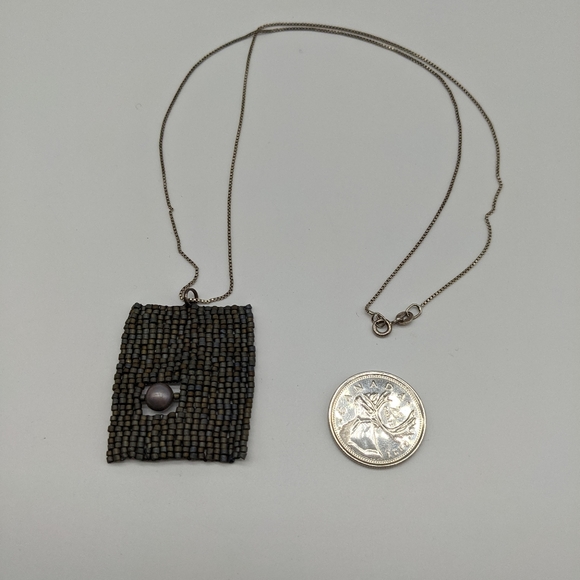 Handmade Oil slick Glass Bead and Pearl Pendant on Sterling Silver Chain - Picture 2 of 4